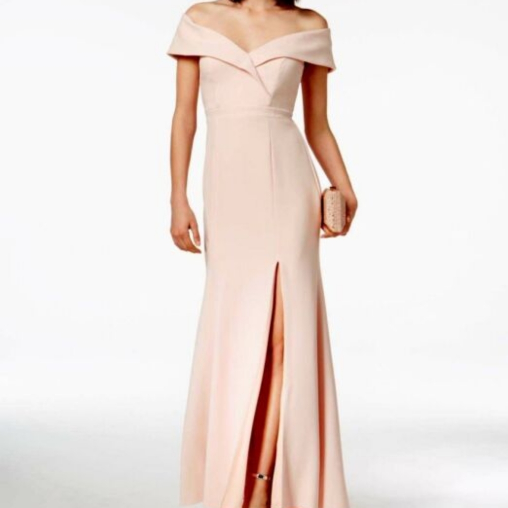 Xscape magenta off the shoulder dress with side slit